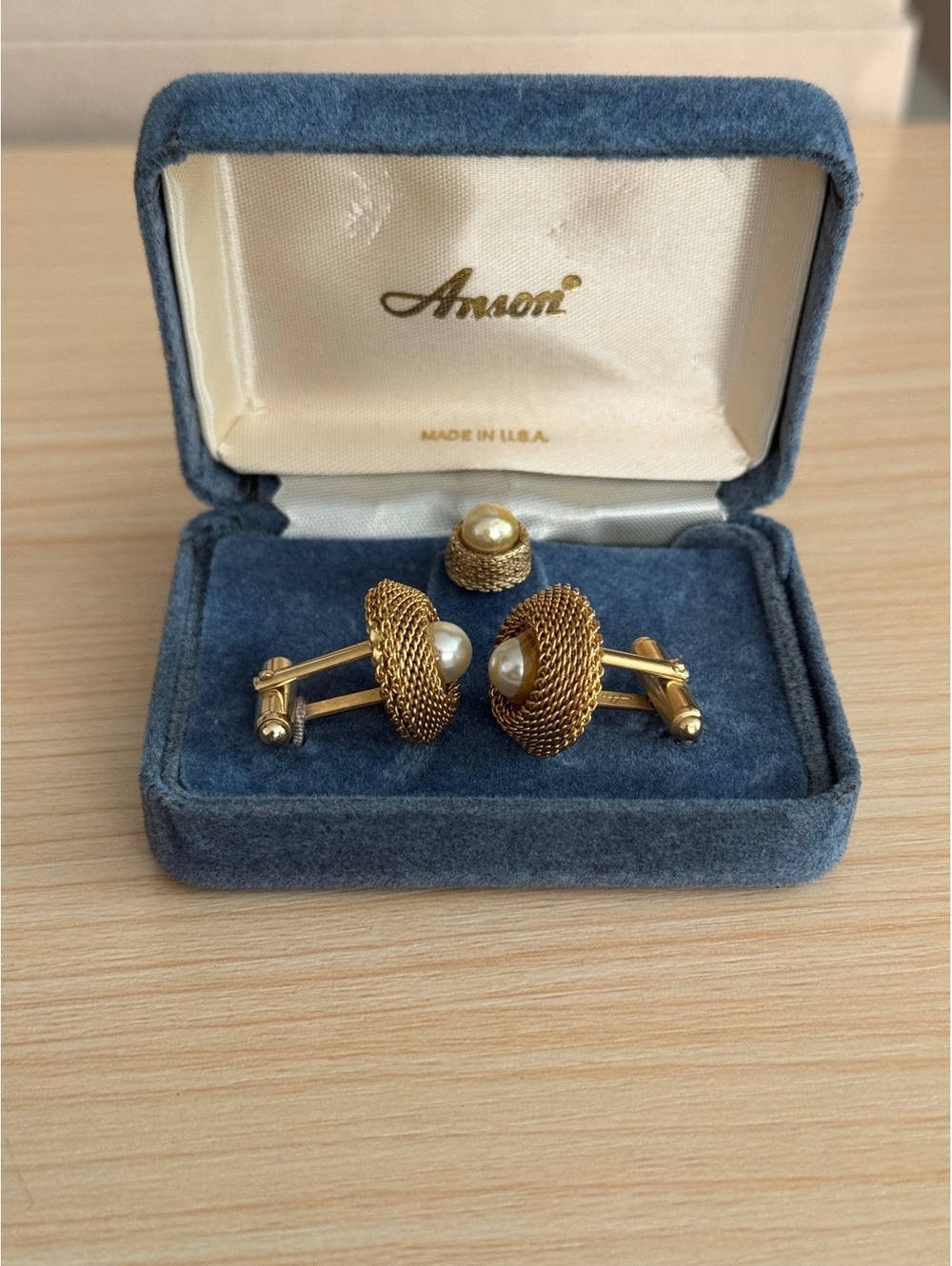 Vintage Anson Cufflinks & Tie Tack Set Gold Tone Pearl NOS Original Box